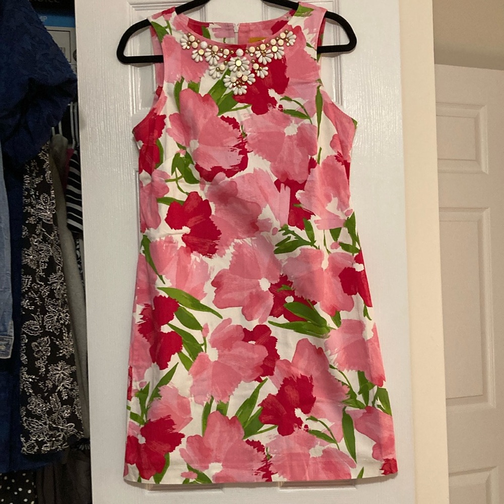 Floral Sleeveless Dress with Jewel Neckline